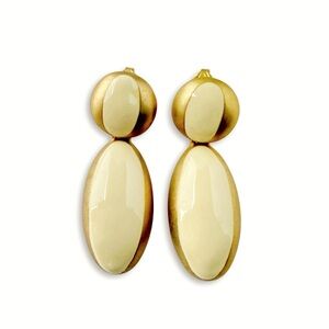 Vintage Cream Enamel Matte Goldtone Puffy Oval Round Drop Clip On Earrings